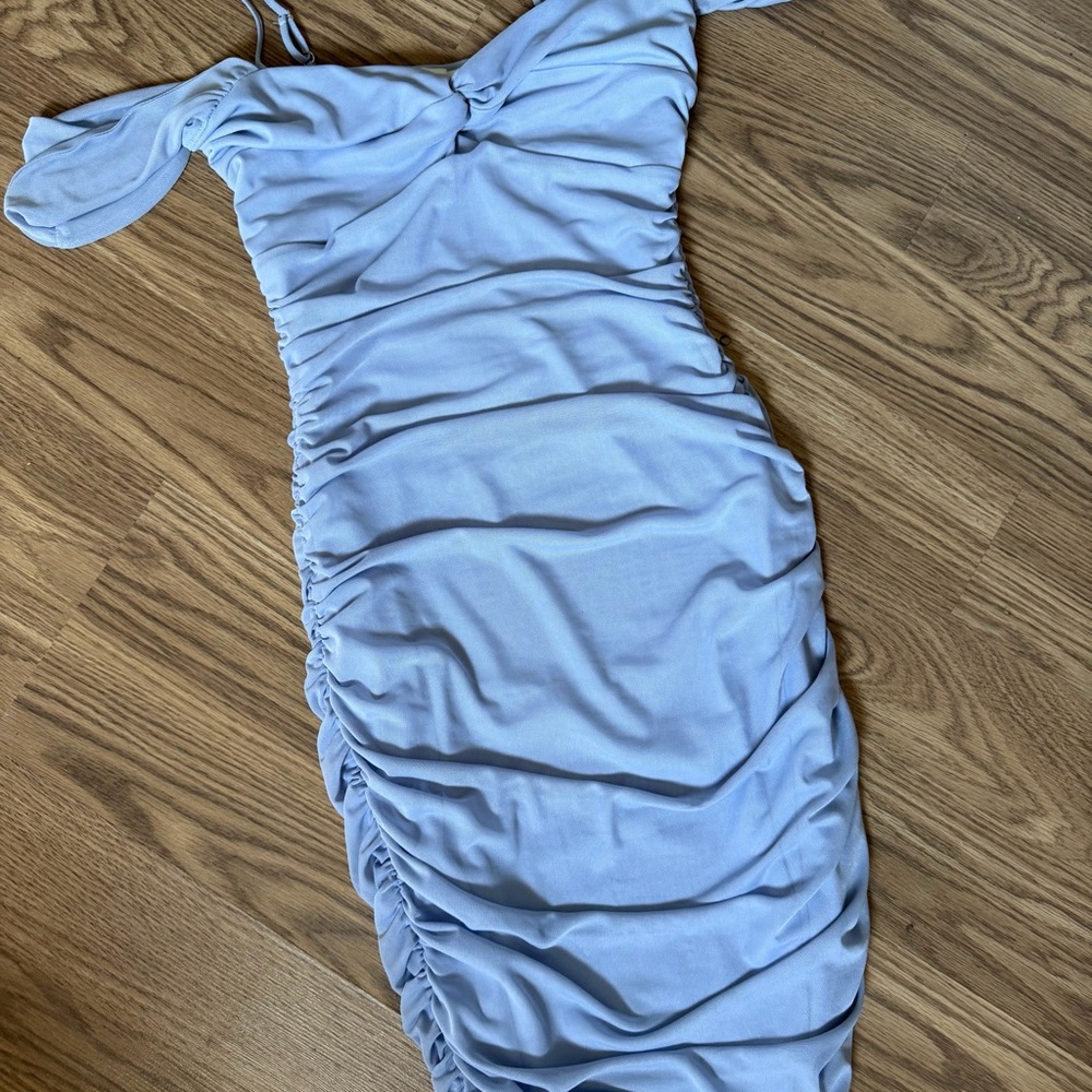 Light Blue Ruched Shoulder Dress